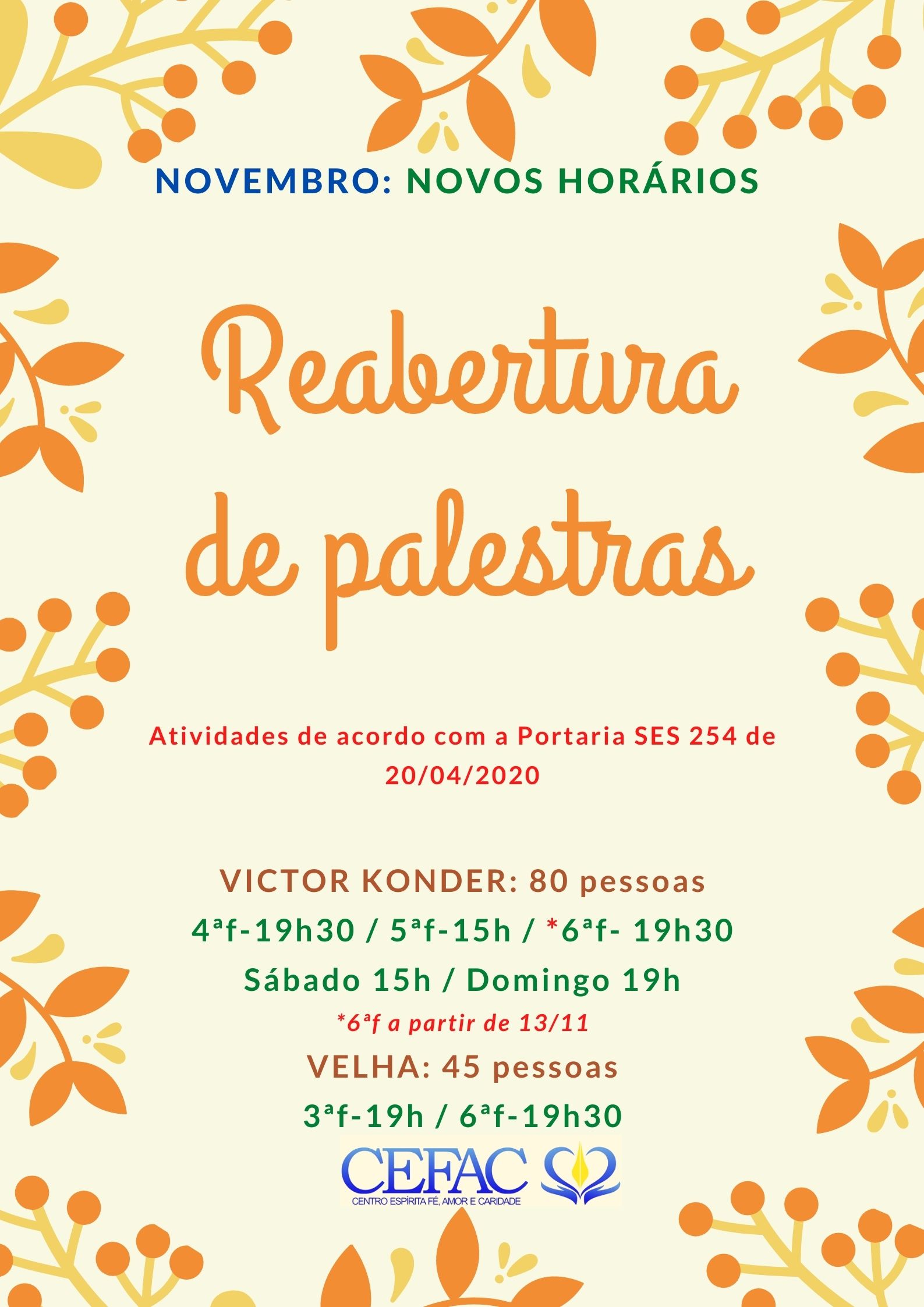 Palestras novos horários