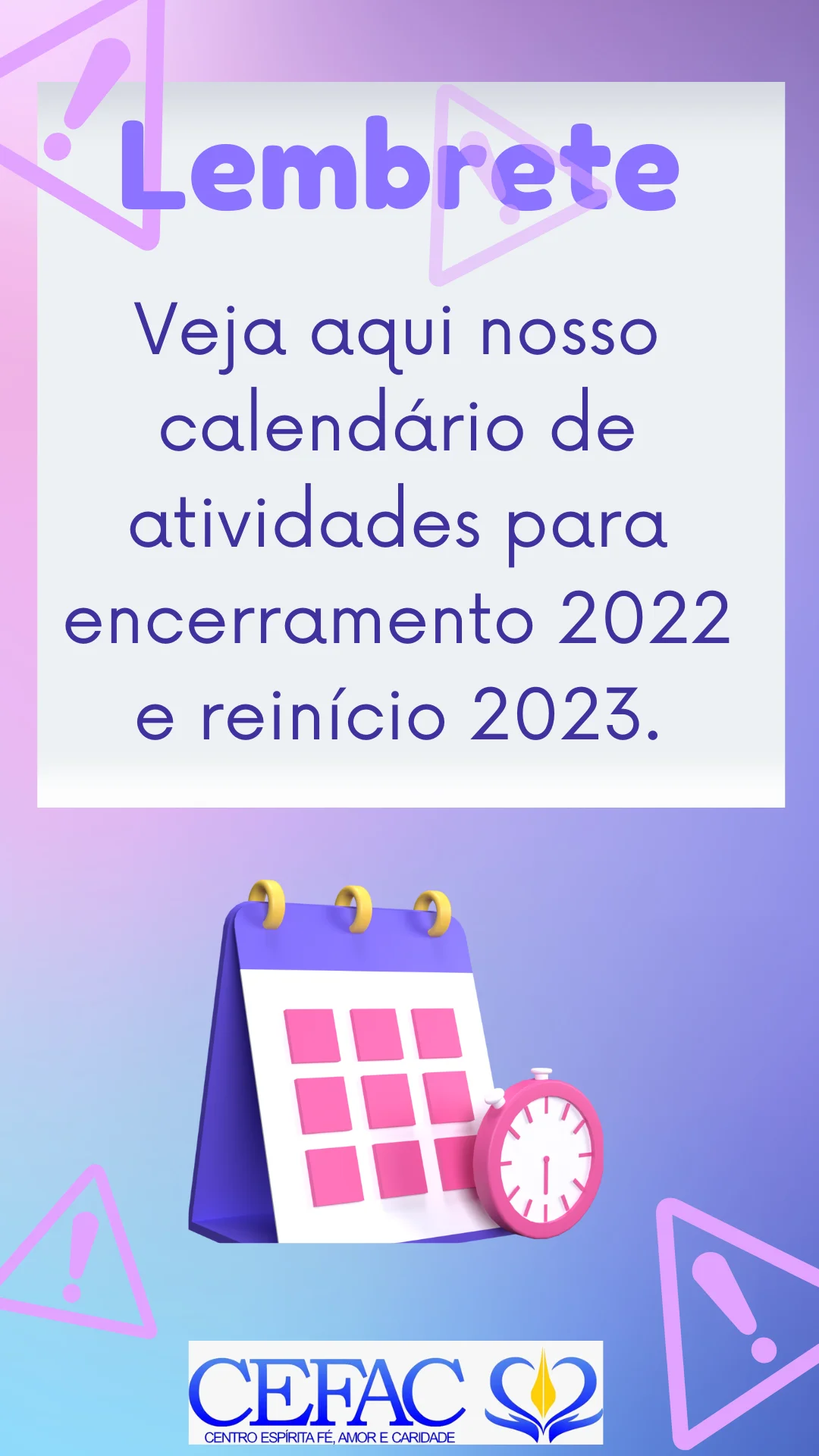 Calendário Atividades final 2022 e reinício 2023