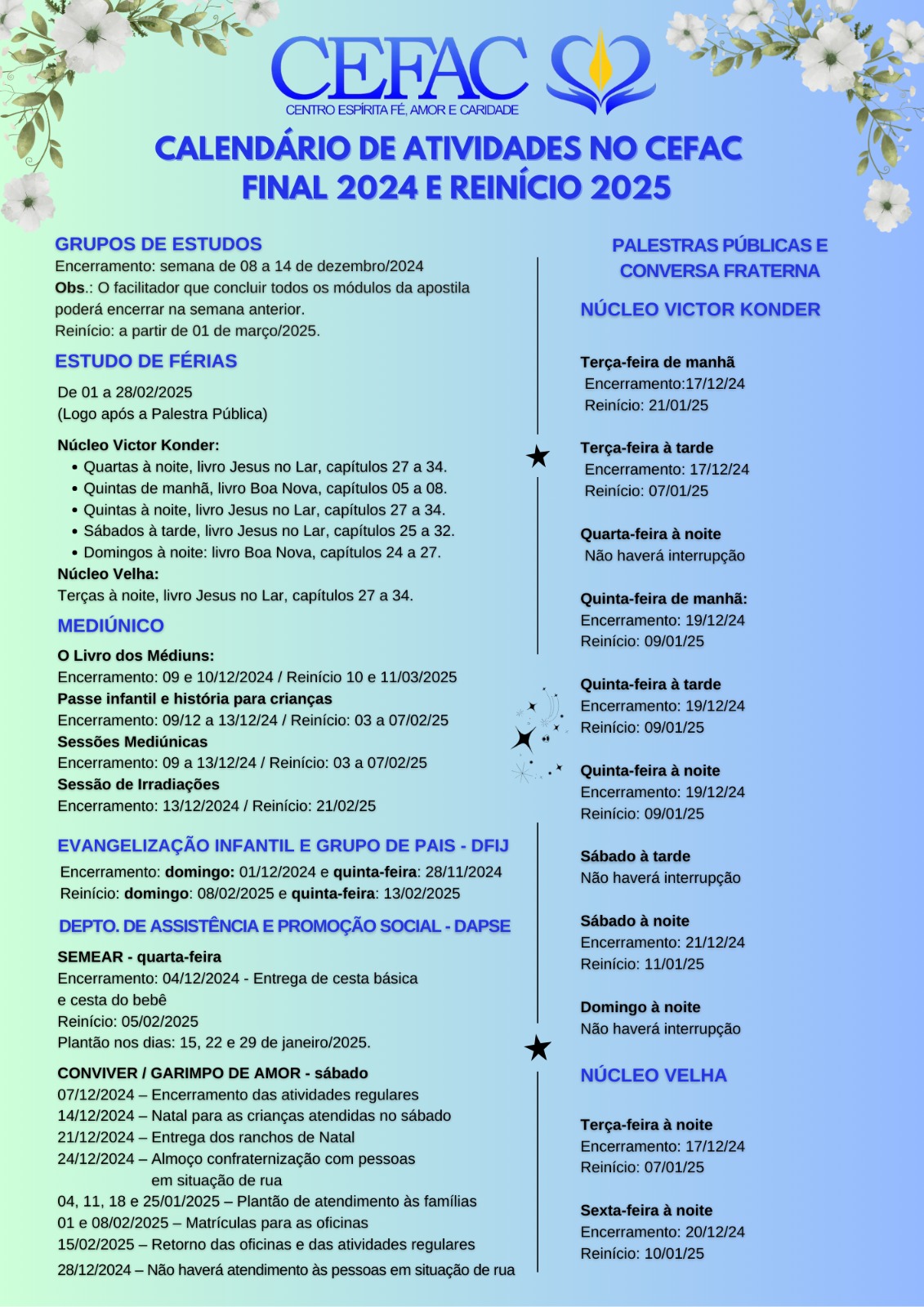 Fim de ano:veja nossa programação de encerramento das atividades 2024 e reinício em 2025.
