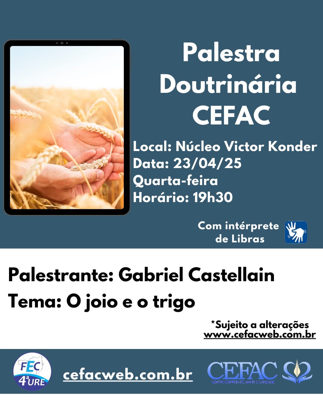 Palestra presencial e on-line, quarta-feira dia 23/04/2025