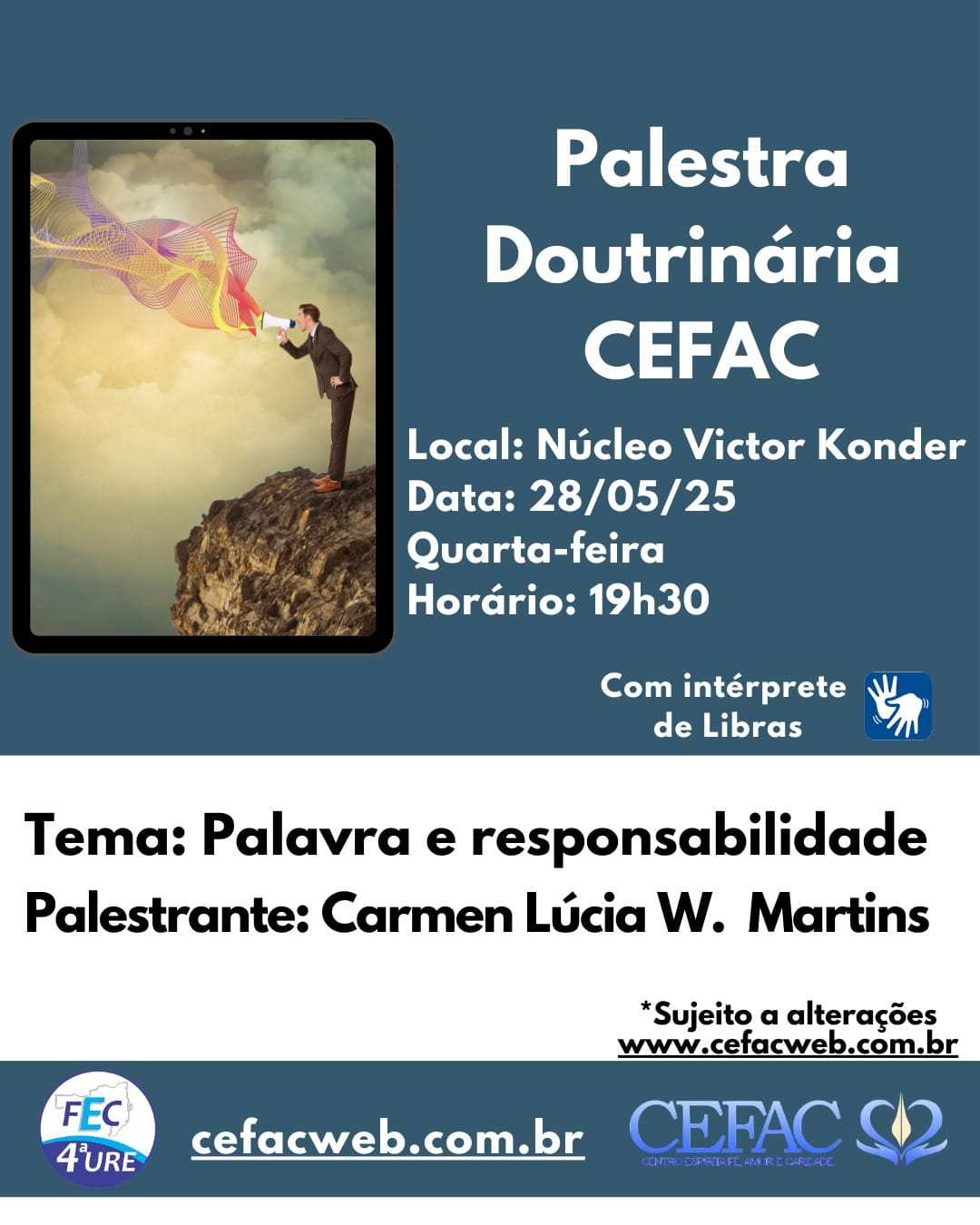Palestra on-line e presencial com leitura de libras, quarta-feira, dia 28/05/25