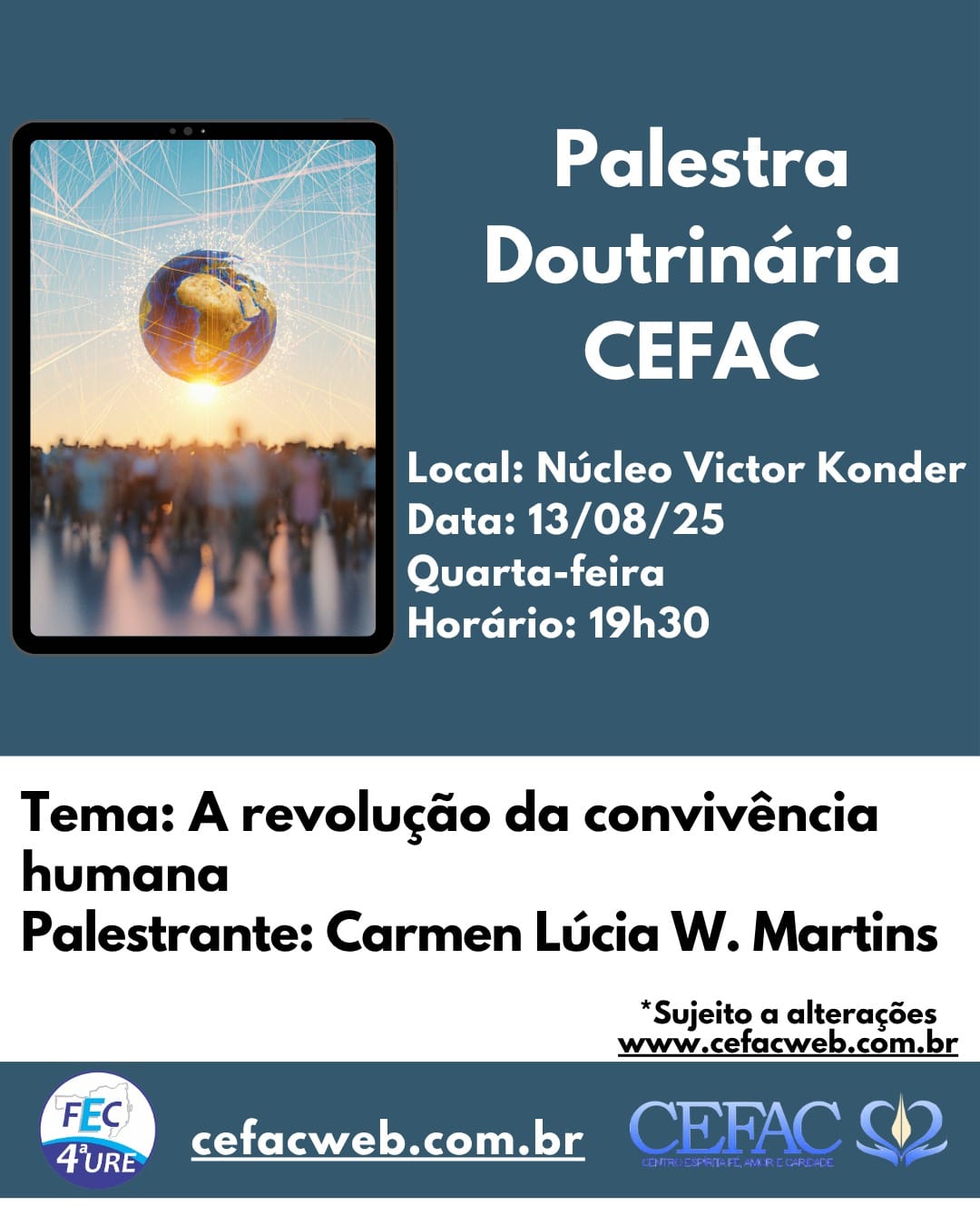 PALESTRA ON-LINE E PRESENCIAL, QUARTA-FEIRA, 13/08/2025