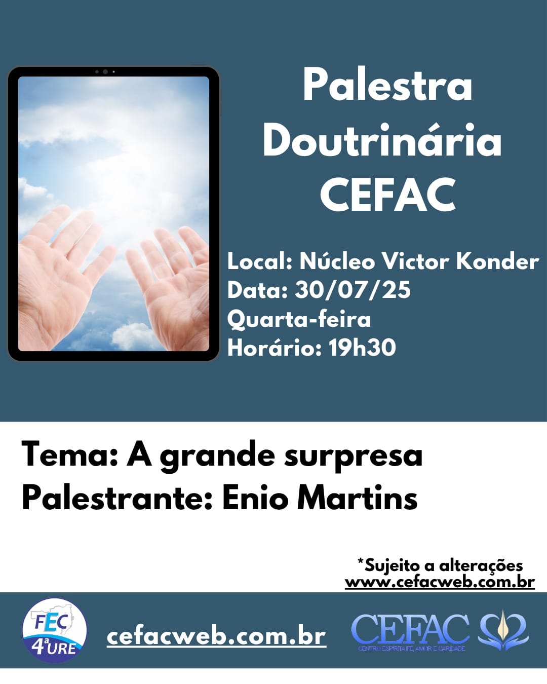 Palestra on-line e presencial, quarta-feira, dia 30/07/2025