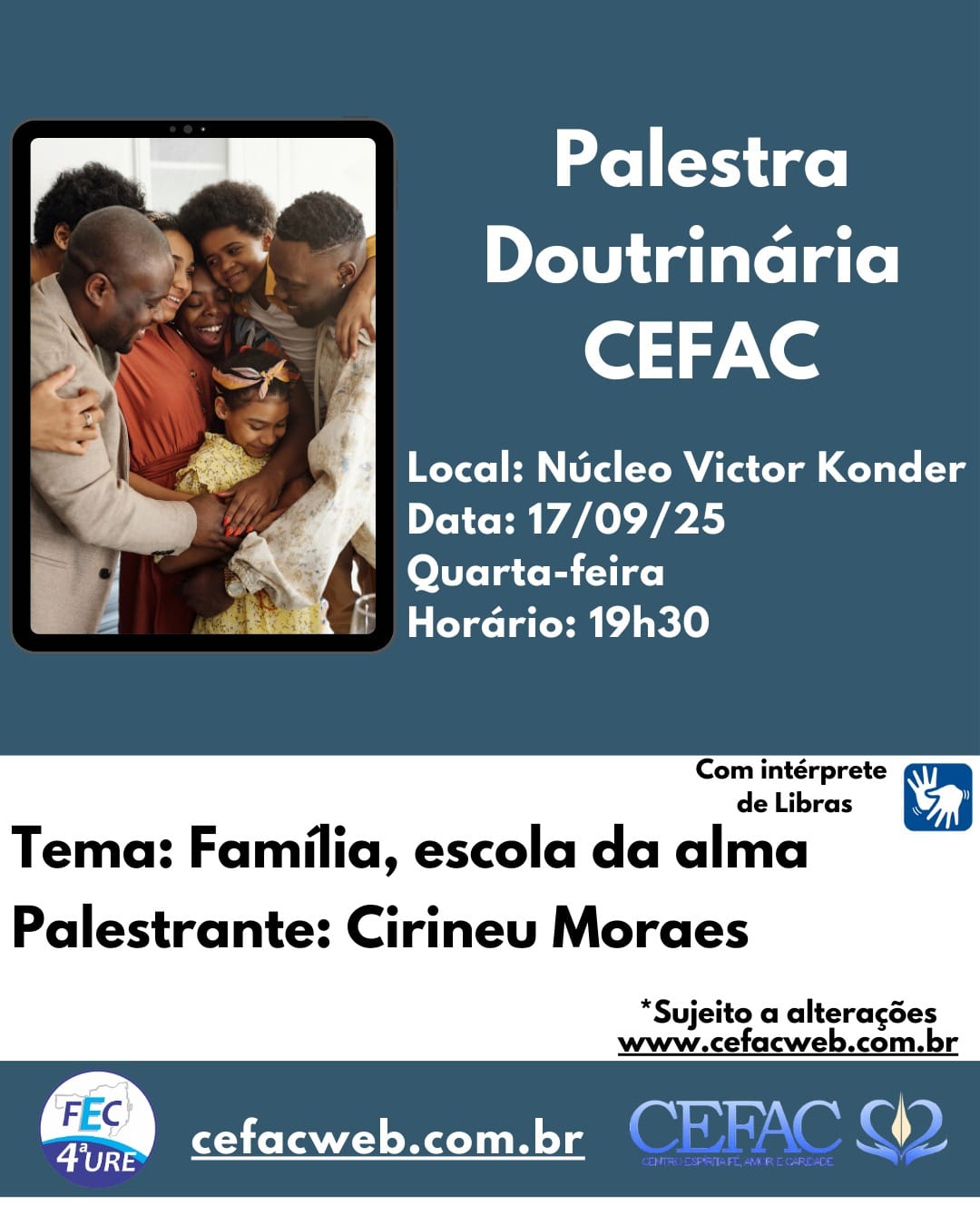 Palestra on-line ou presencial, quarta-feira, dia 17/09/2025, com leitura de Libras