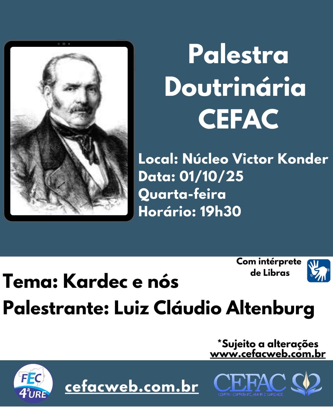 Palestra presencial e on-line, quarta-feira, dia 01/10/2025 com leitura de Libras