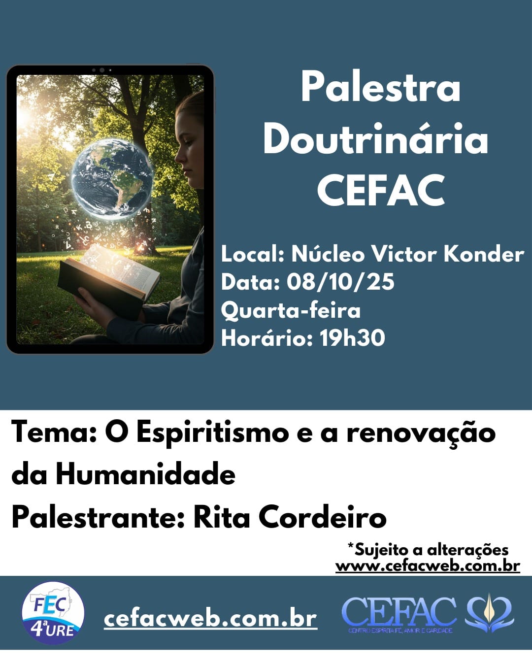 Palestra presencial e on-line, quarta-feira, dia 08/10/2025 com leitura de Libras