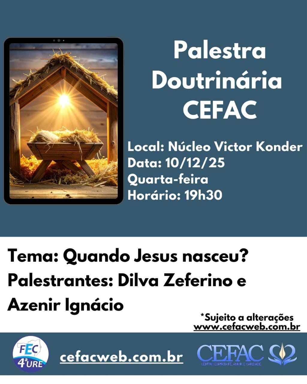Palestra on-line e presencial, quarta-feira dia 10/12/2025