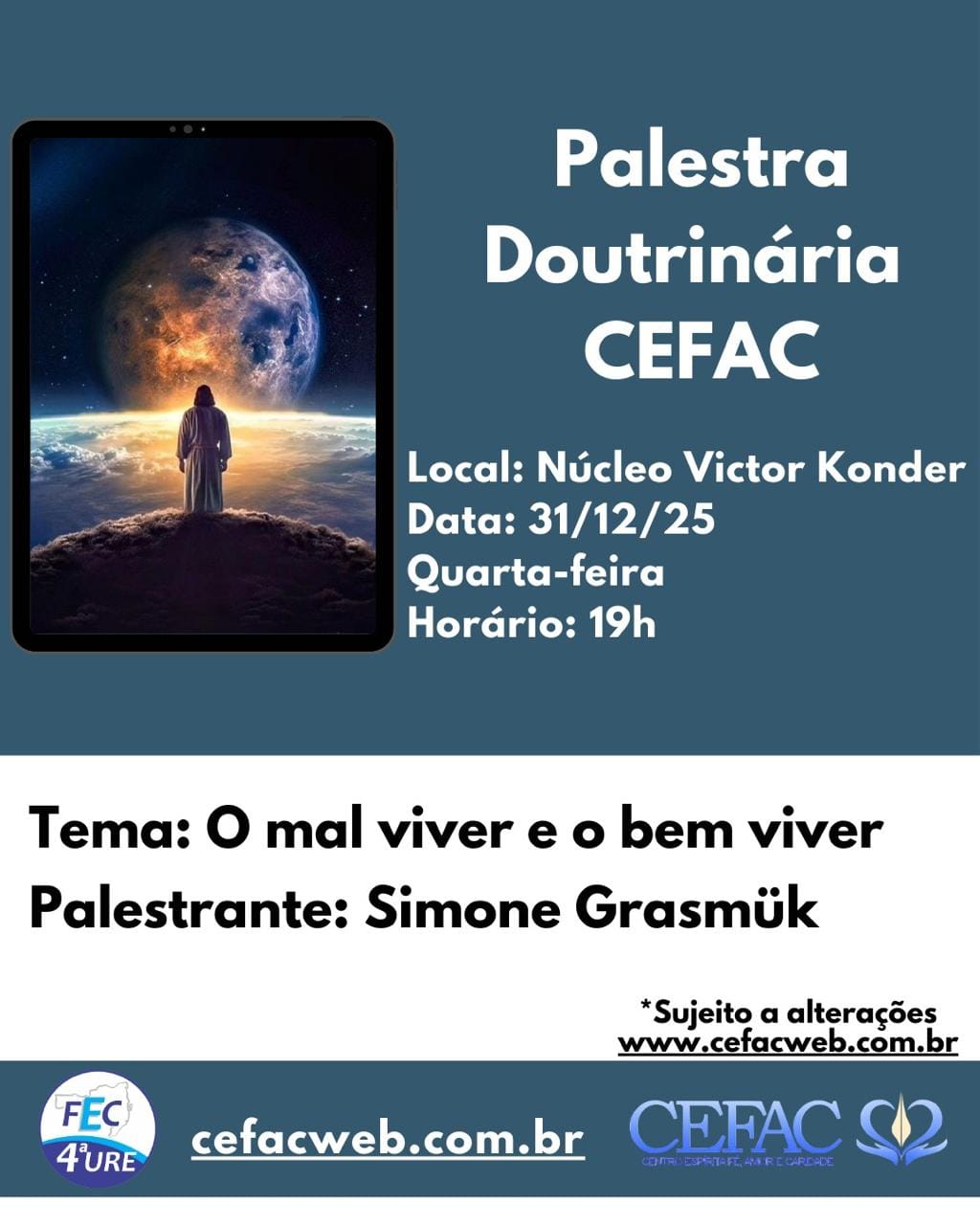 Palestra on-line e presencial, quarta-feira dia 31/12/2025