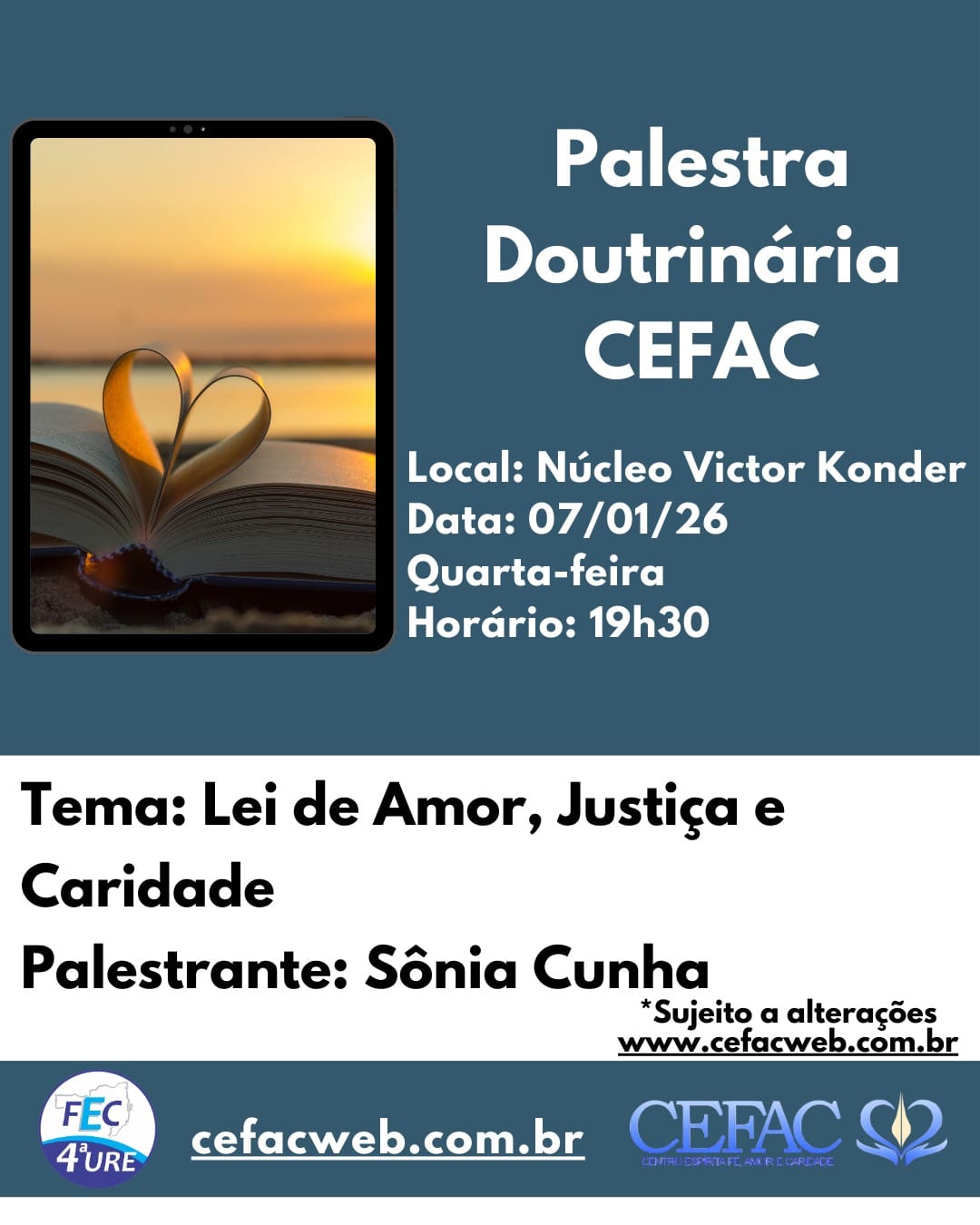 Palestra presencial e on-line, quarta-feira, 07/01/2026