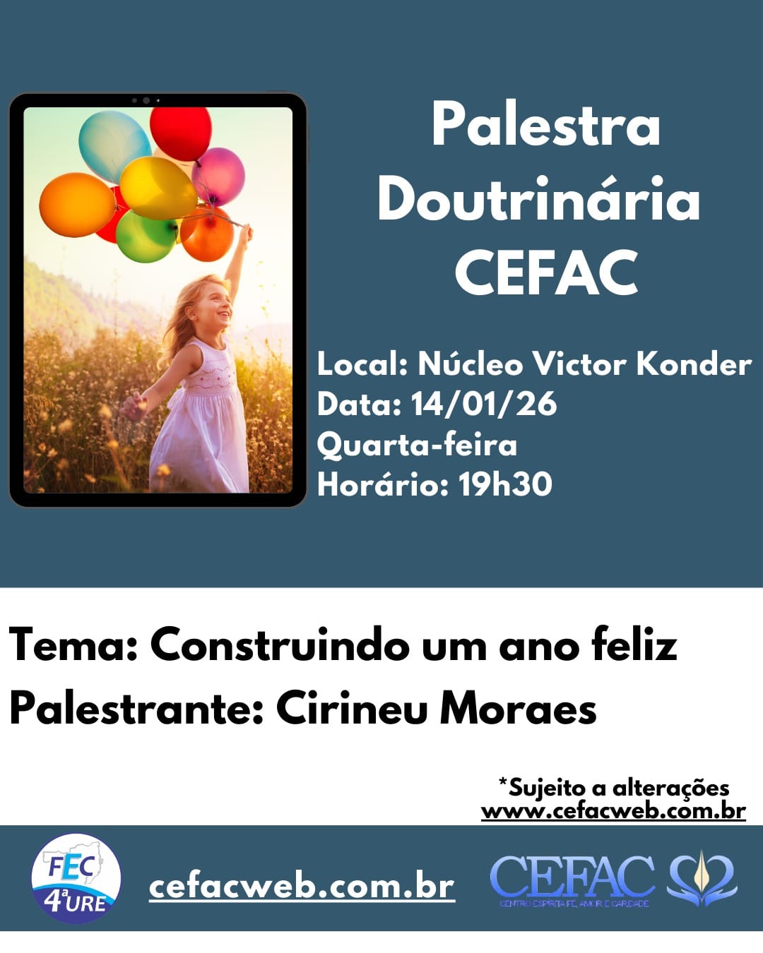 Palestra pública presencial e on-line dia 14/01/2026