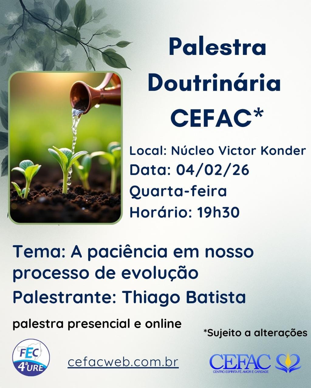 Palestra on-line e presencial, quarta-feira dia 04/02/26