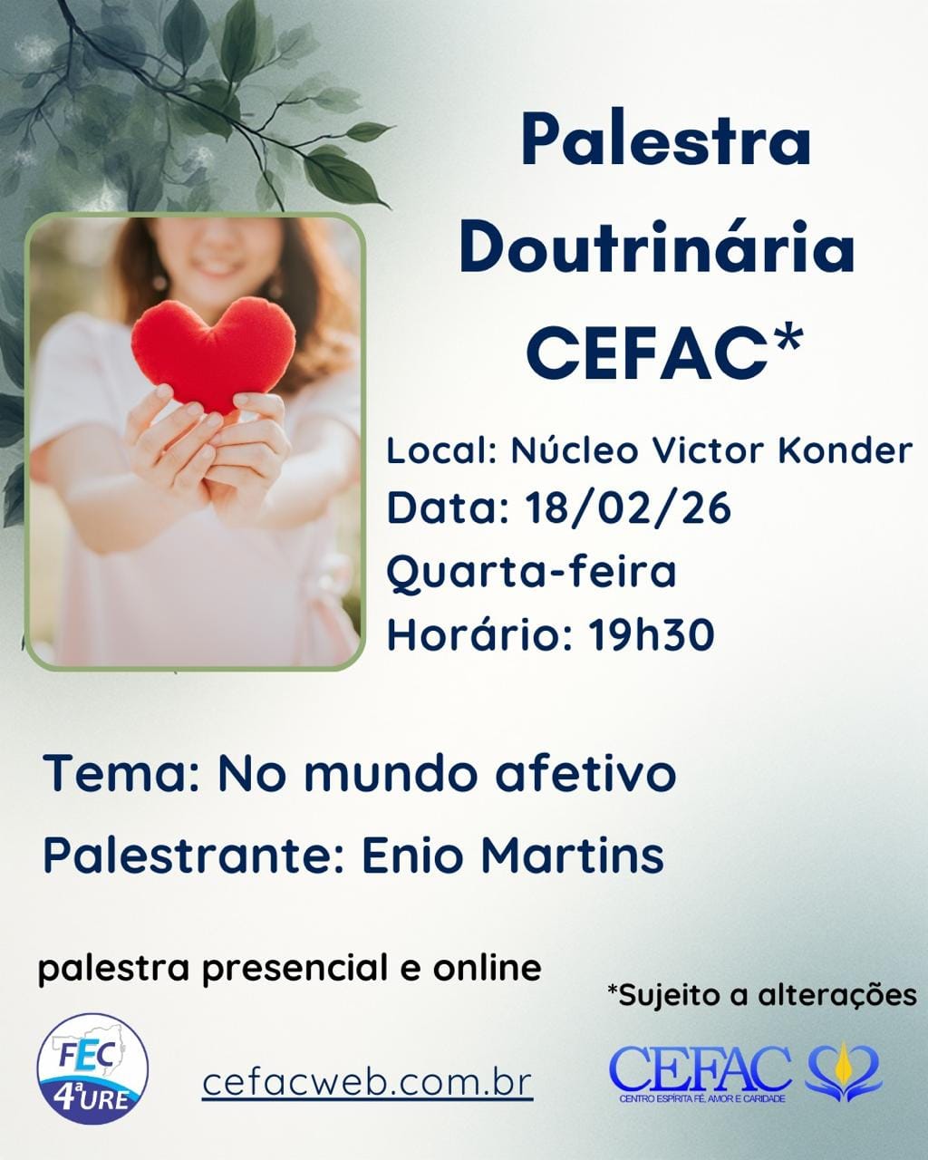 Palestra on-line e presencial, quarta-feira dia 18/02/26