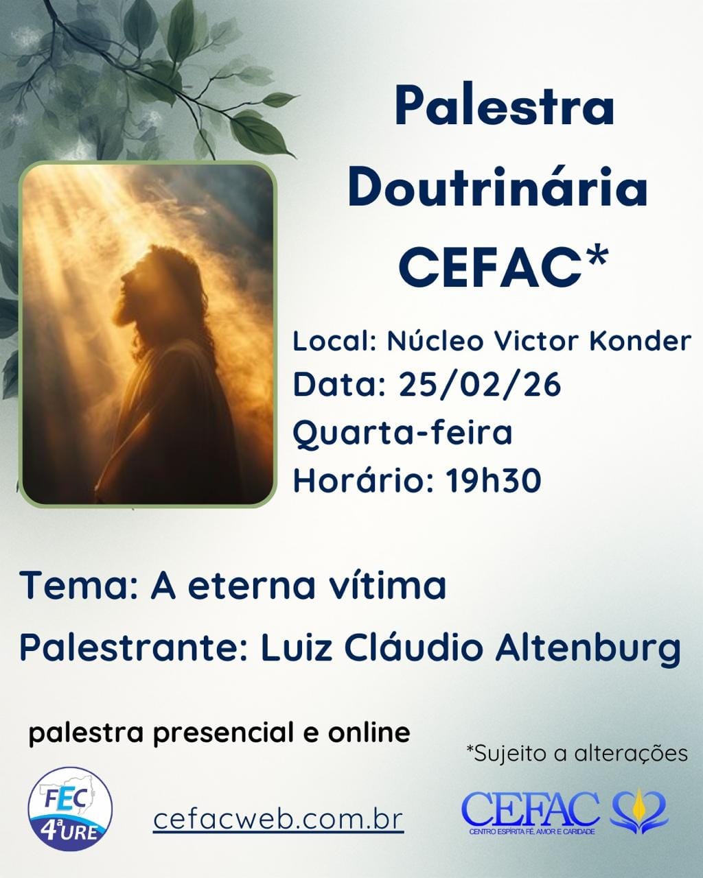 Palestra on-line e presencial, quarta-feira dia 25/02/26