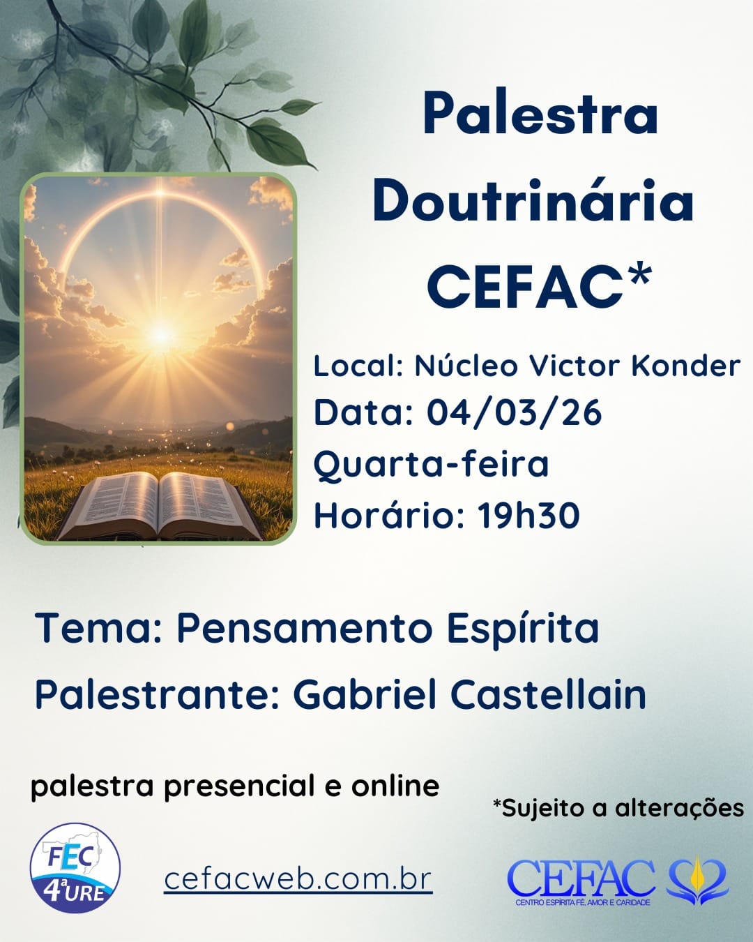 Palestra on-line e presencial, quarta, dia 04/03/26