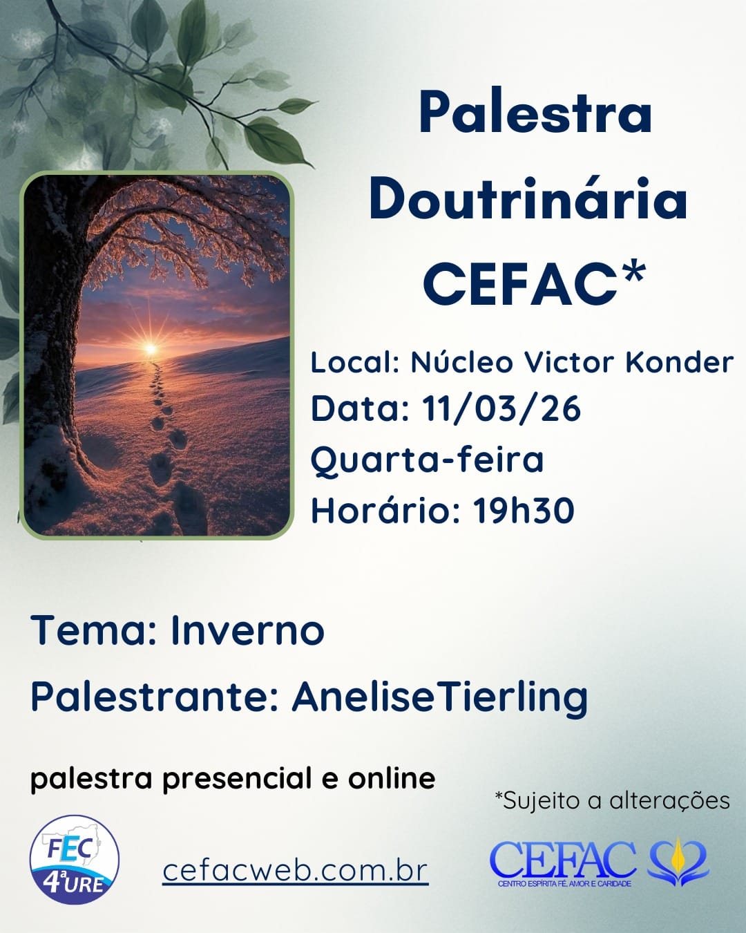 Palestra on-line e presencial, quarta, dia 11/03/26