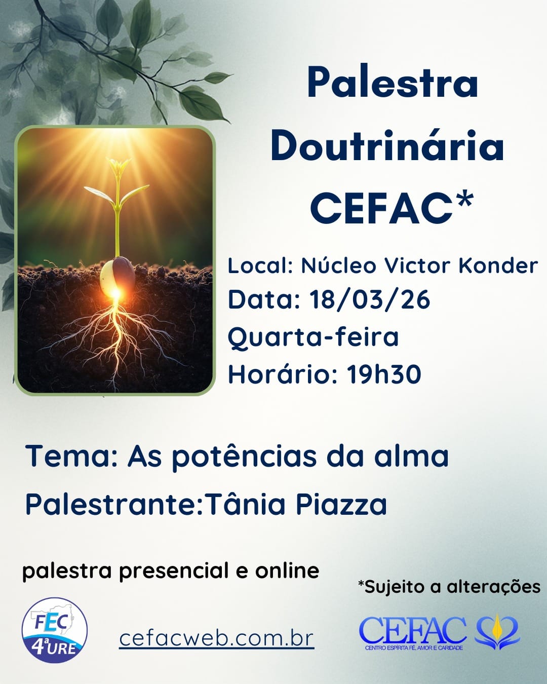 Palestra on-line e presencial, quarta, dia 18/03/26
