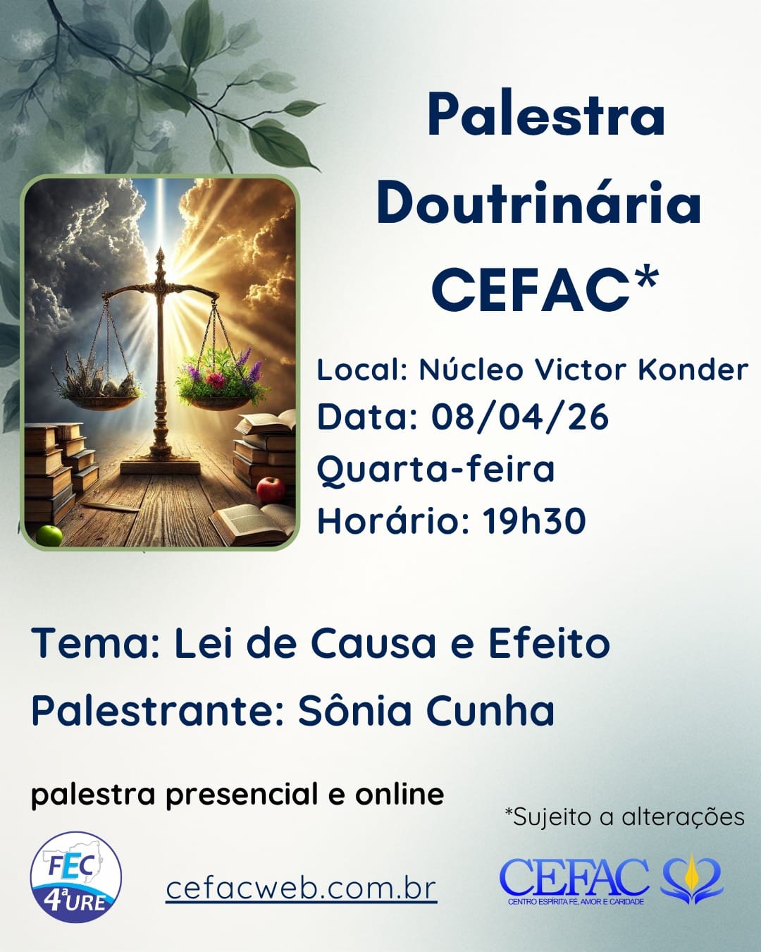 Palestra on-line e presencial, quarta-feira, 08/04/26