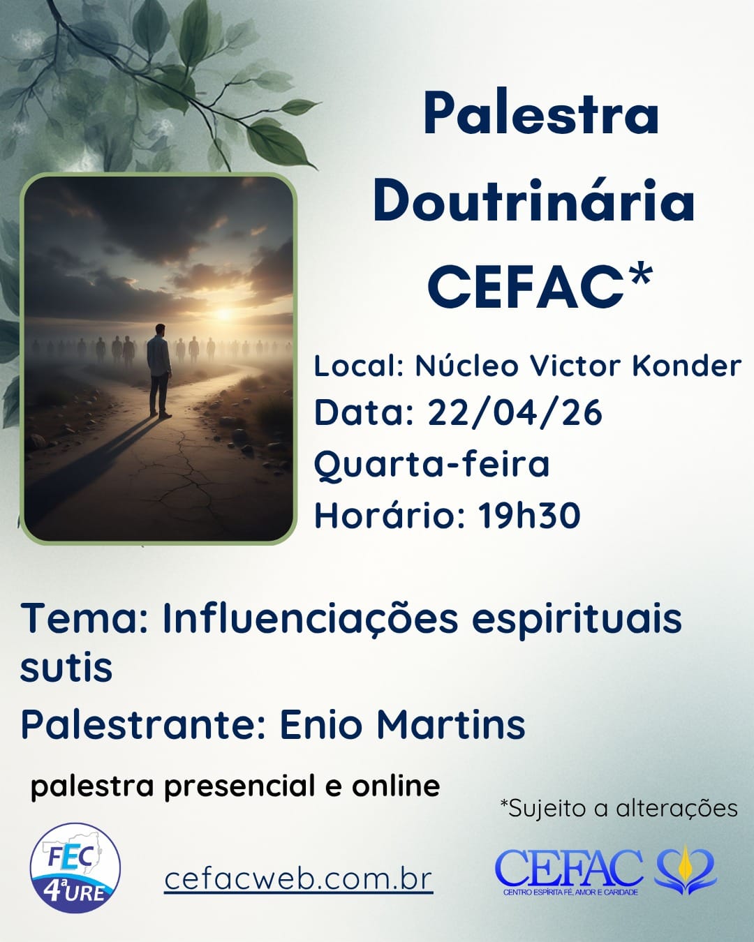 Palestra on-line e presencial, quarta-feira, 22/04/26