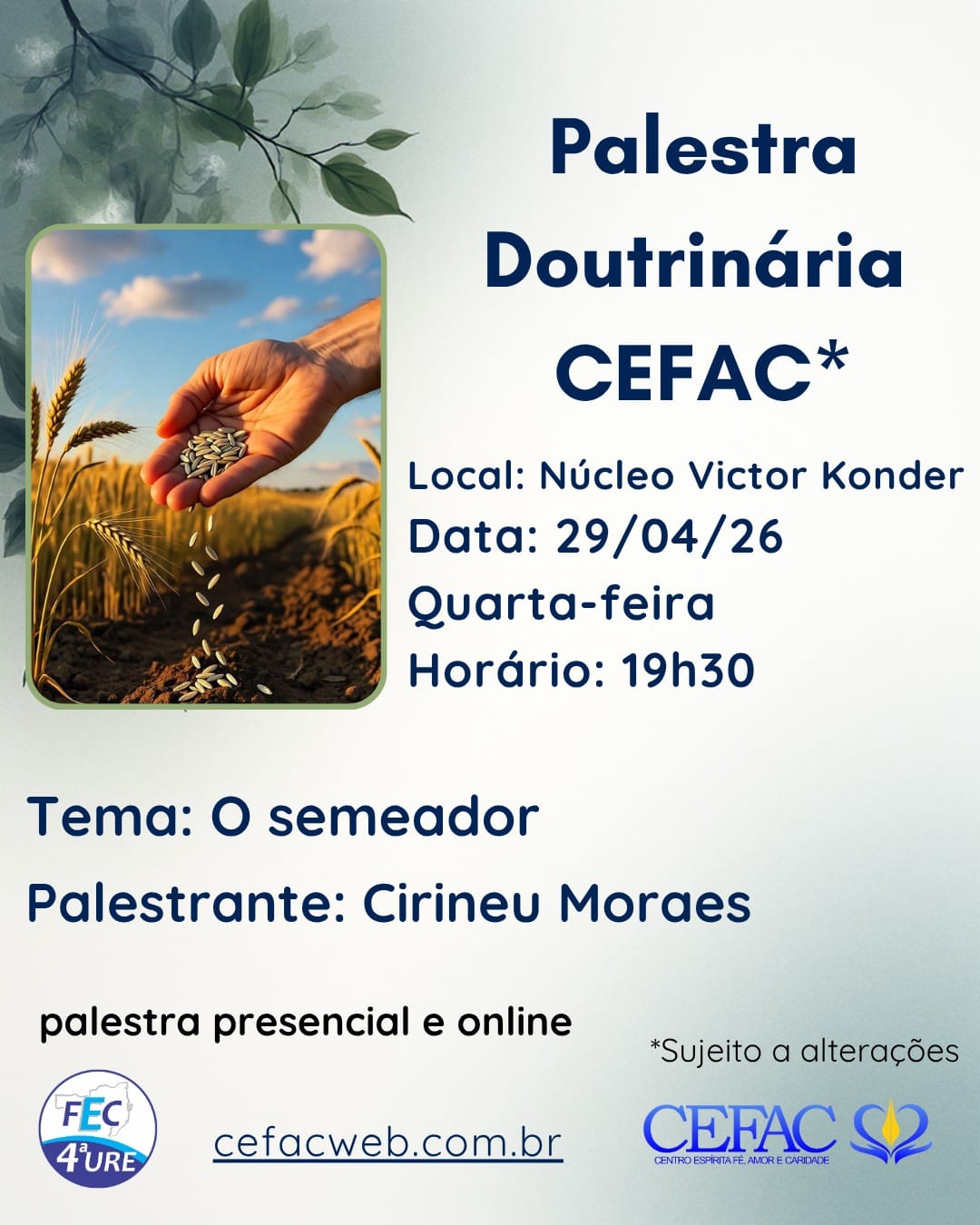 Palestra on-line e presencial, quarta-feira, 29/04/26