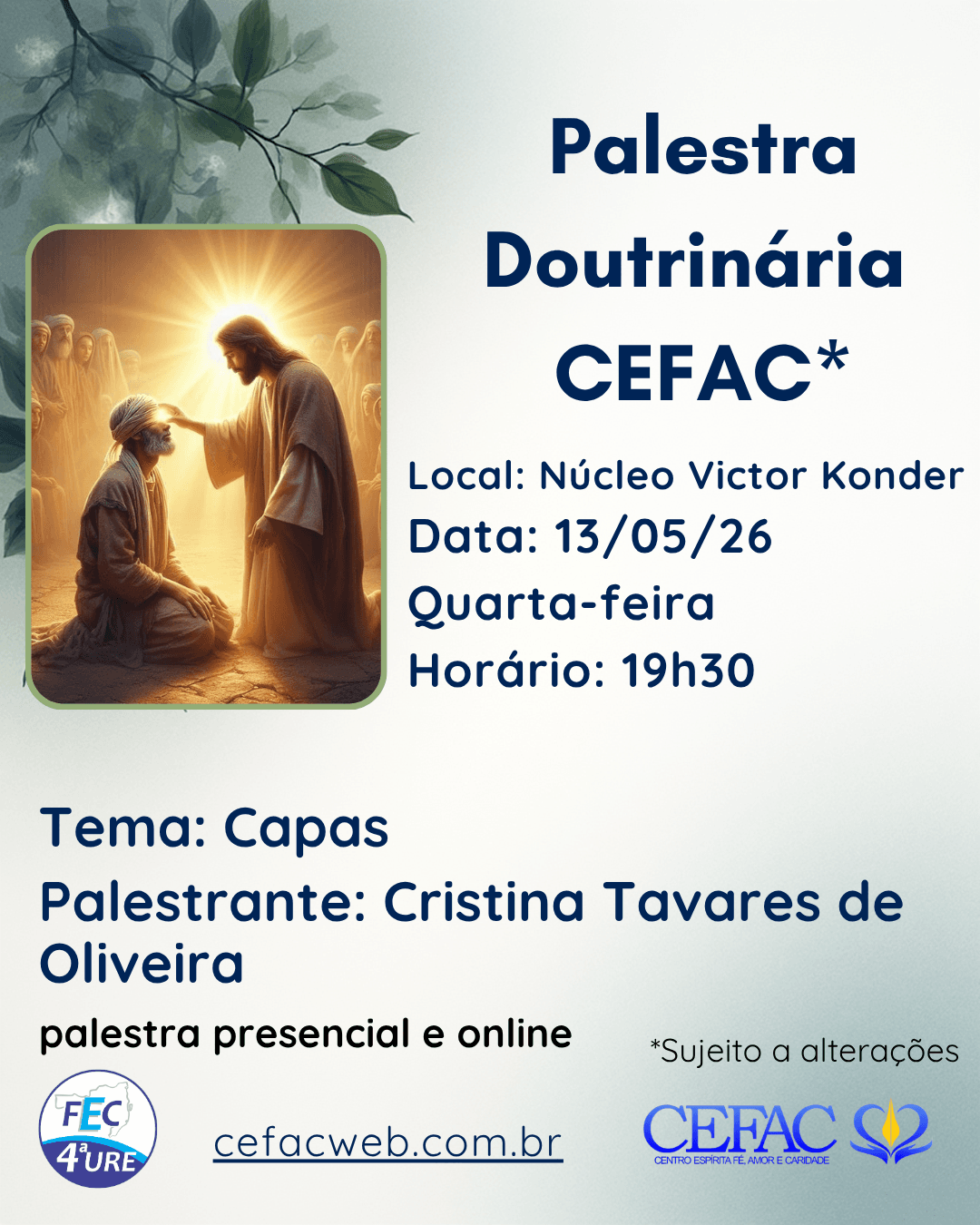 Palestra on-line e presencial, quarta-feira, 13/05/26