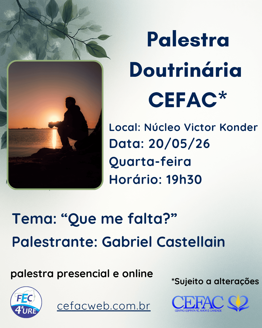 Palestra on-line e presencial, quarta-feira, 20/05/26