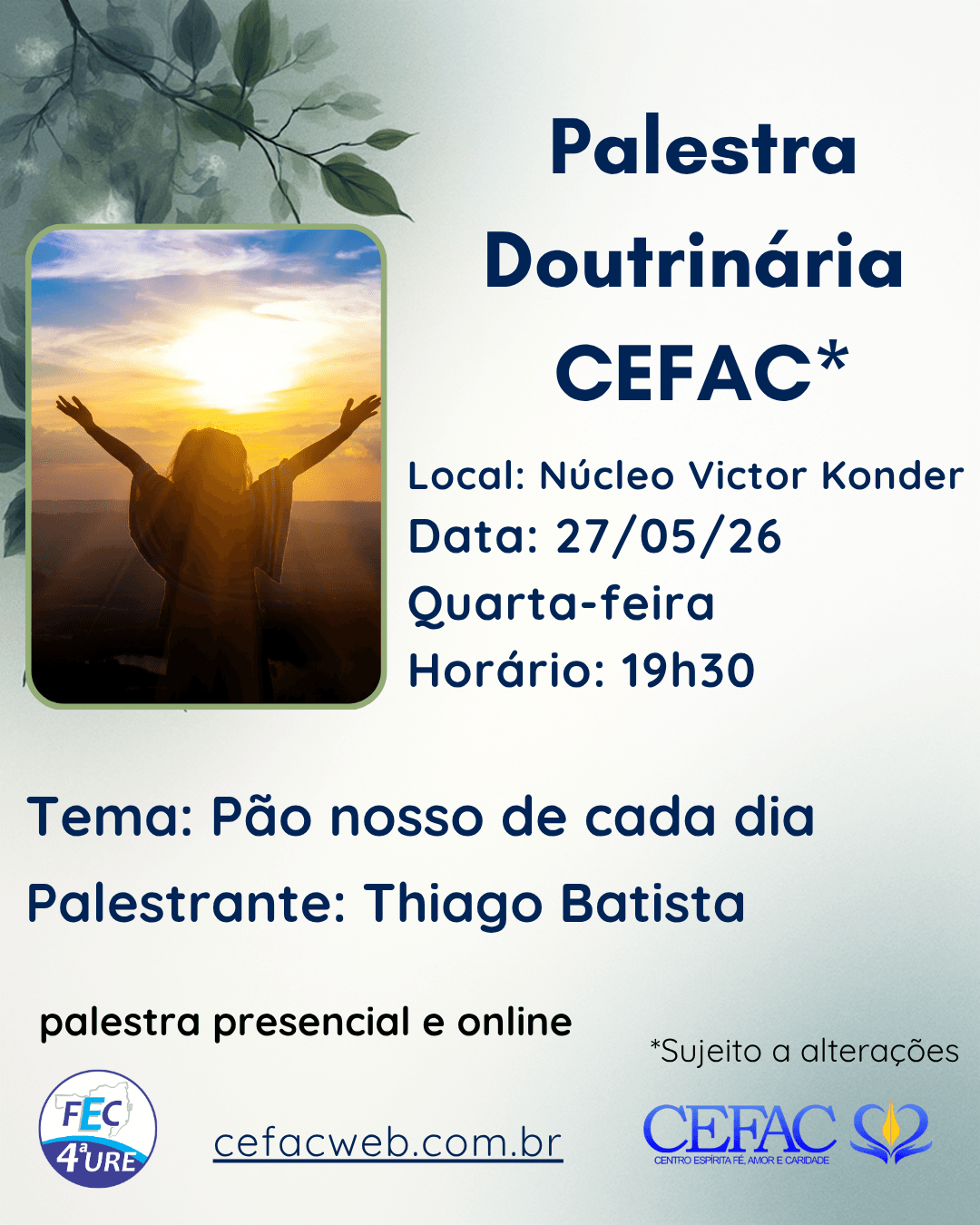 Palestra on-line e presencial, quarta-feira, 27/05/26