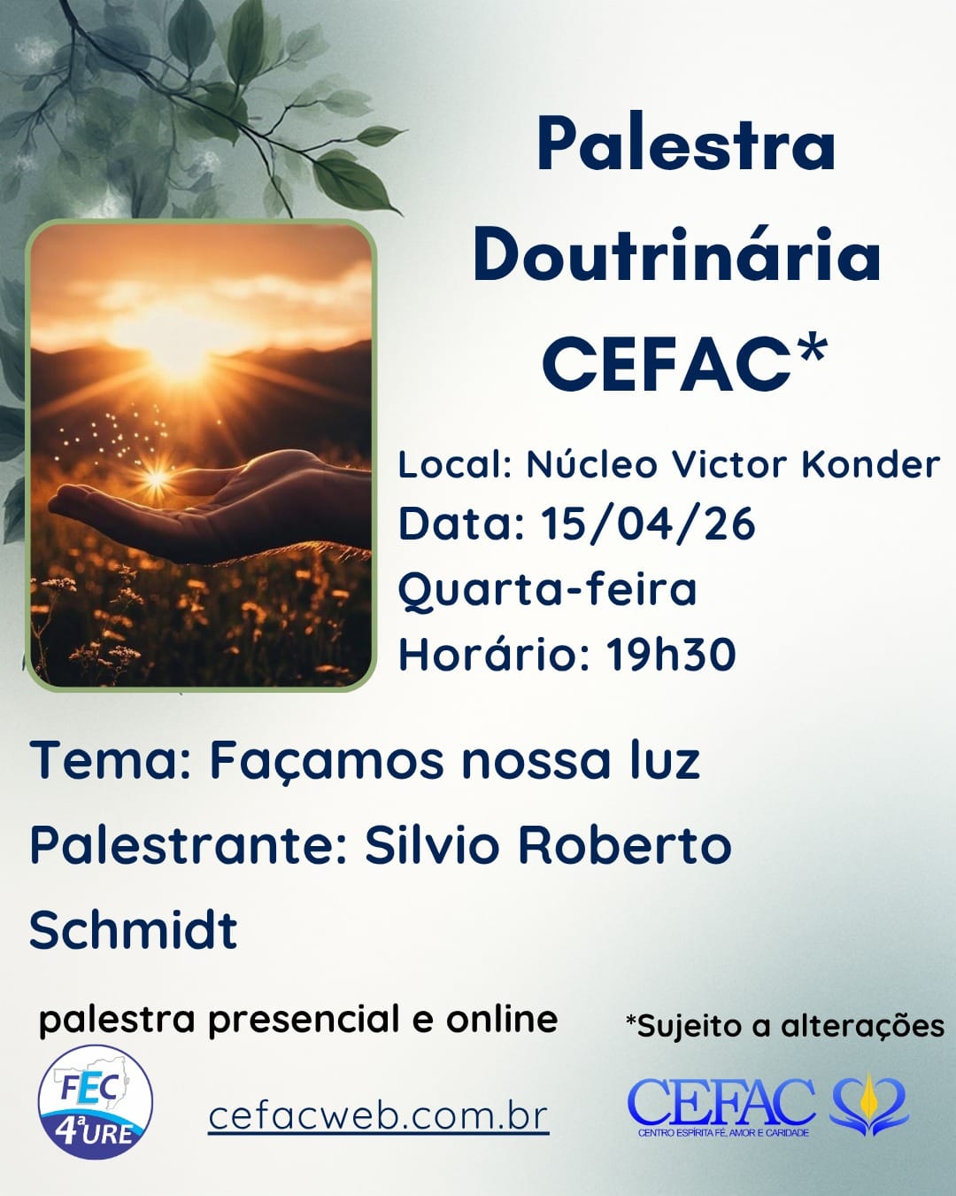 Palestra on-line e presencial, quarta-feira, 15/04/26