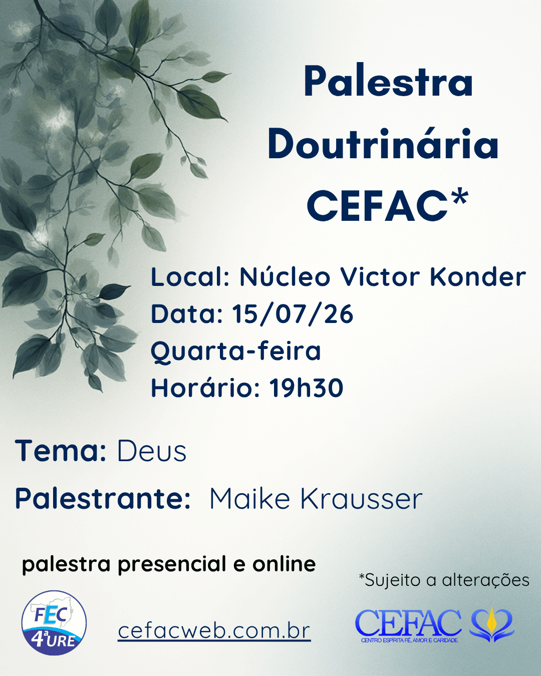 Palestra on-line e presencial, quarta-feira, 15/07/26