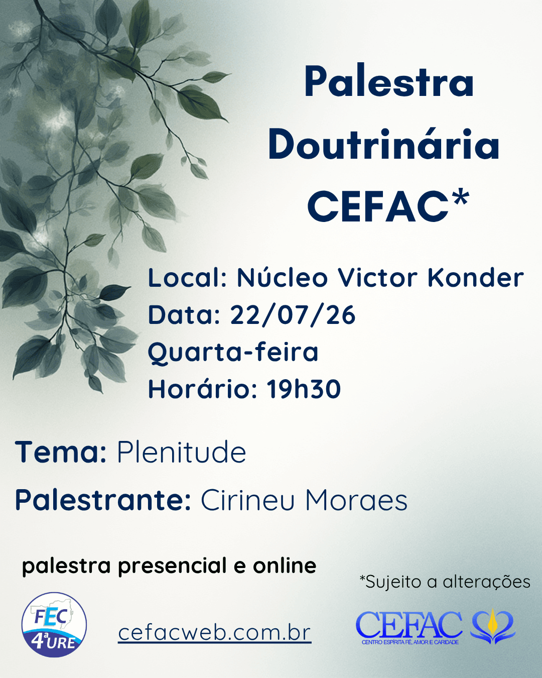 Palestra on-line e presencial, quarta-feira, 22/07/26