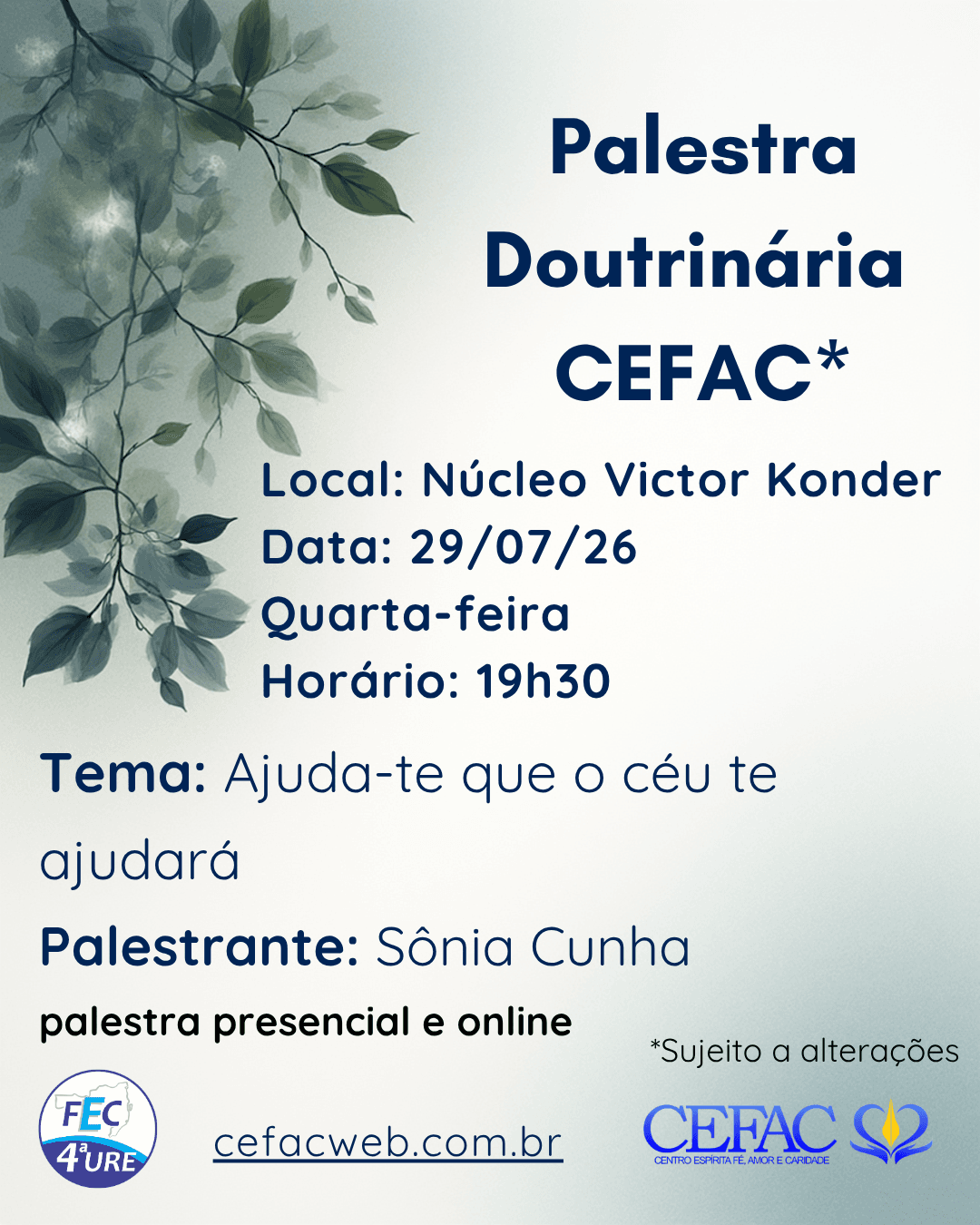 Palestra on-line e presencial, quarta-feira, 29/07/26