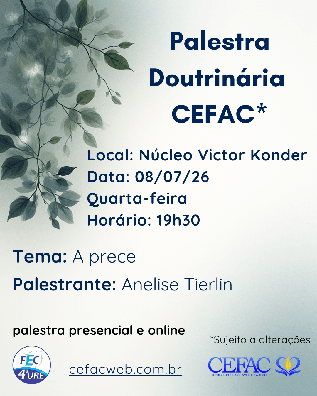 Palestra on-line e presencial, quarta-feira, 08/07/26