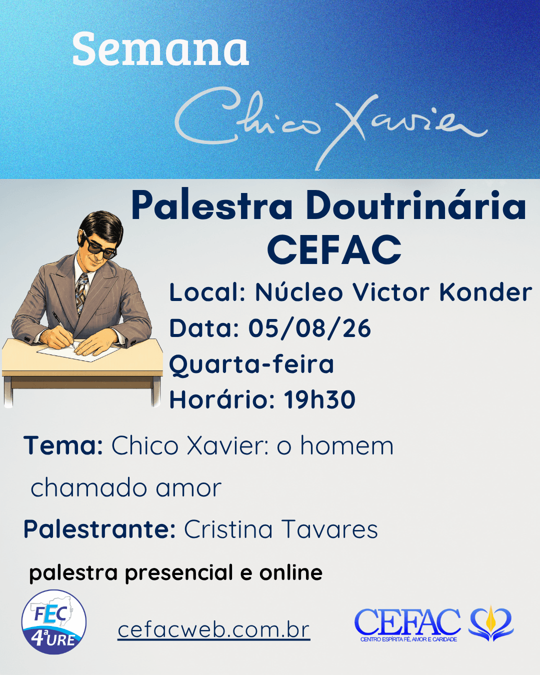 Palestra on-line e presencial, quarta-feira, 05/08/26