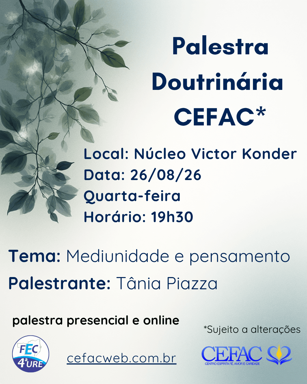 Palestra on-line e presencial, quarta-feira, 26/08/26