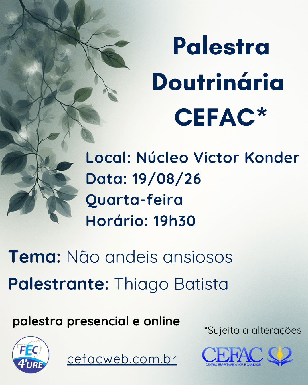 Palestra on-line e presencial, quarta-feira, 19/08/26