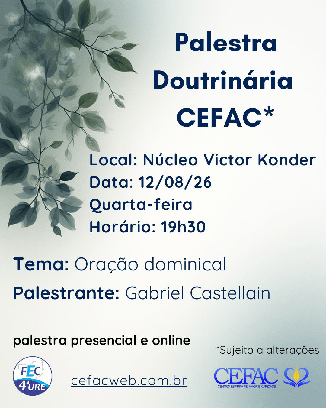 Palestra on-line e presencial, quarta-feira, 12/08/26