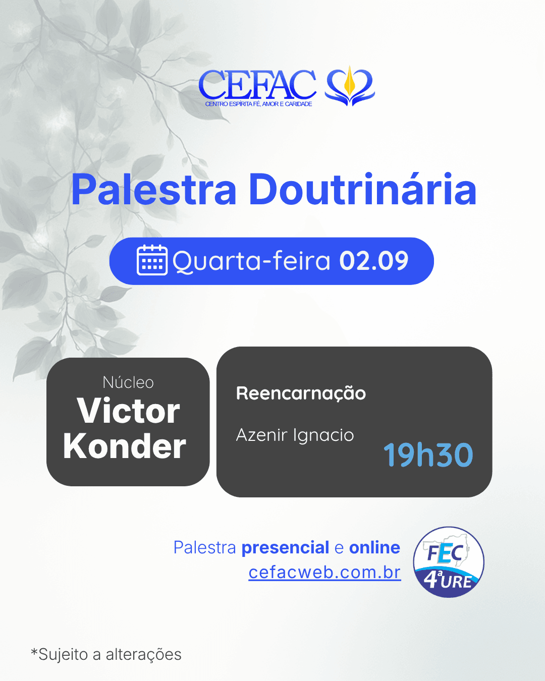 Palestra on-line e presencial, quarta-feira, 02/09/26