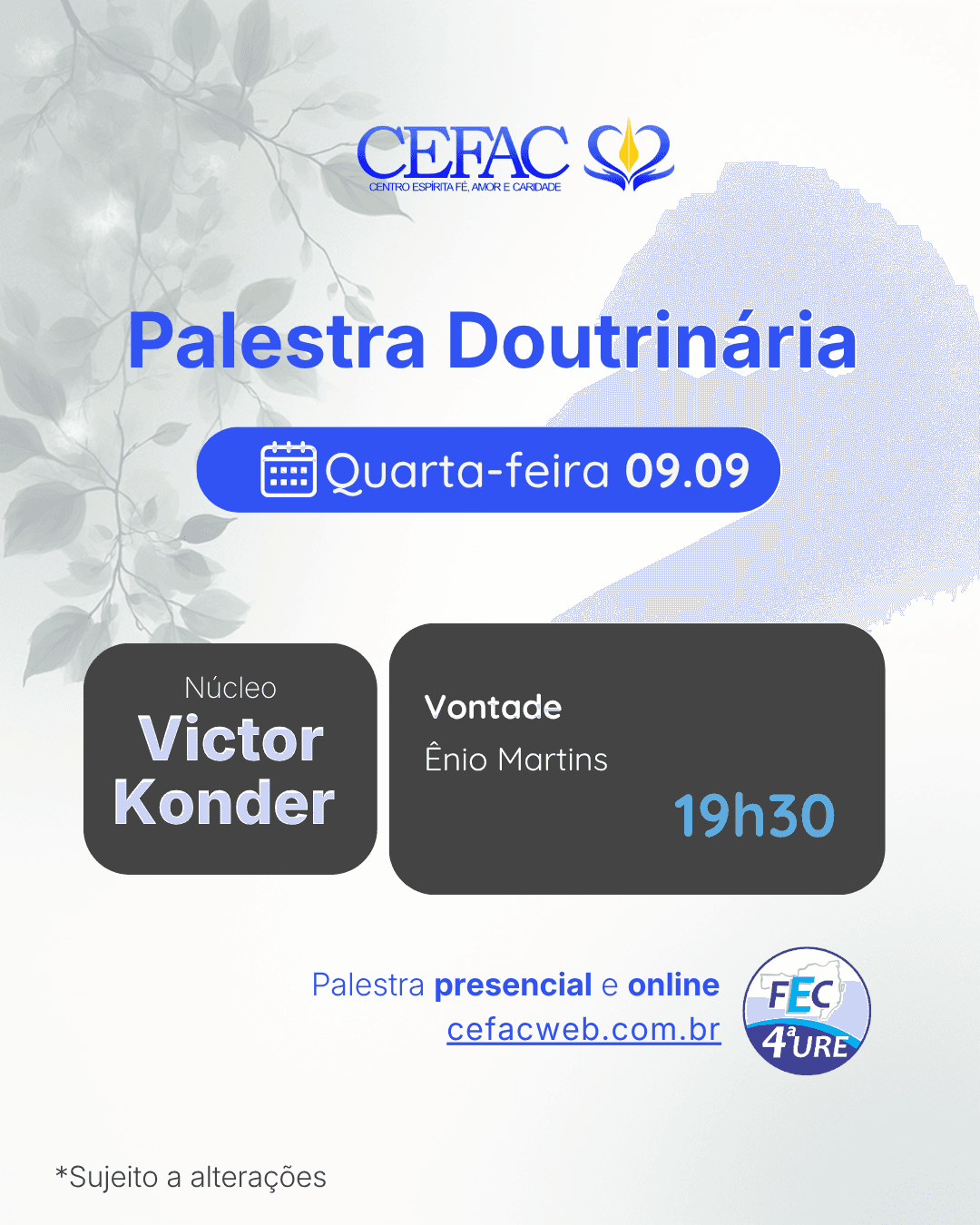 Palestra on-line e presencial, quarta-feira, 09/09/26