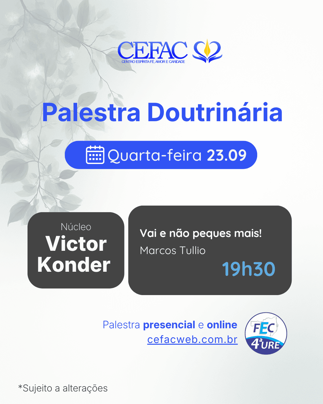 Palestra on-line e presencial, quarta-feira, 23/09/26