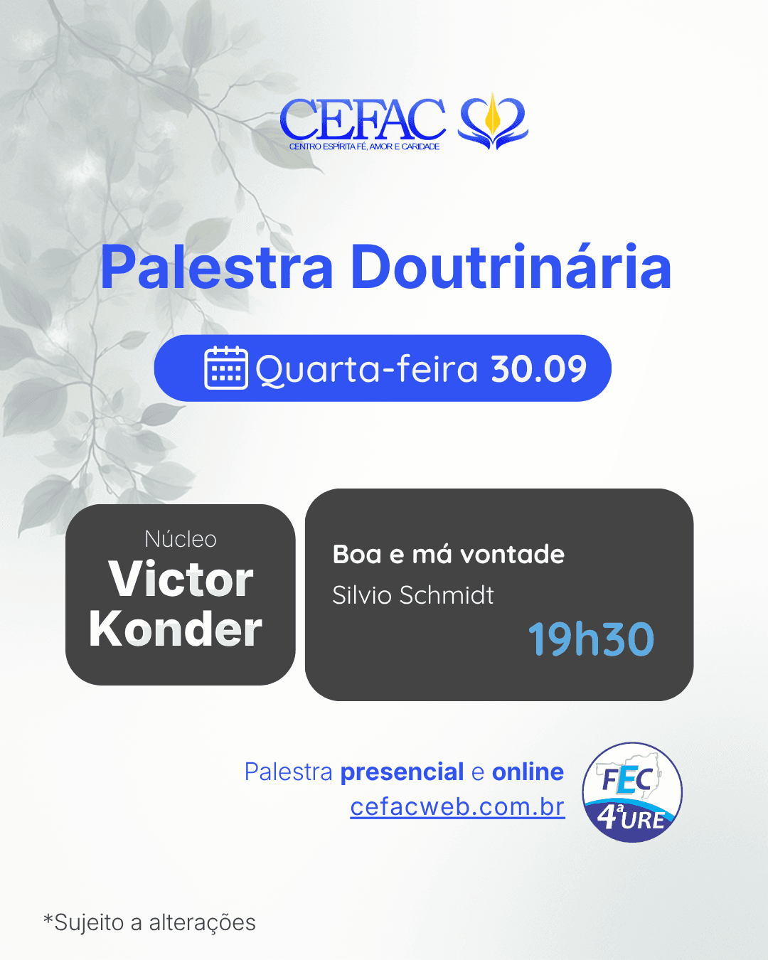 Palestra on-line e presencial, quarta-feira, 30/09/26