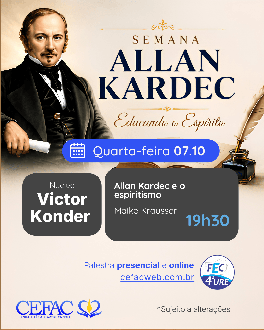 Palestra on-line e presencial, quarta-feira, 07/10/26