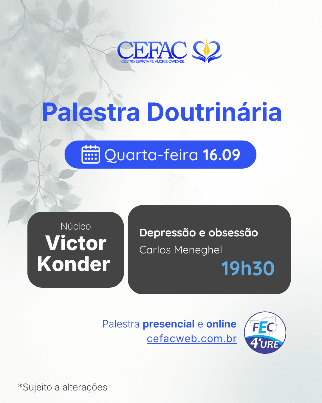 Palestra on-line e presencial, quarta-feira, 16/09/26