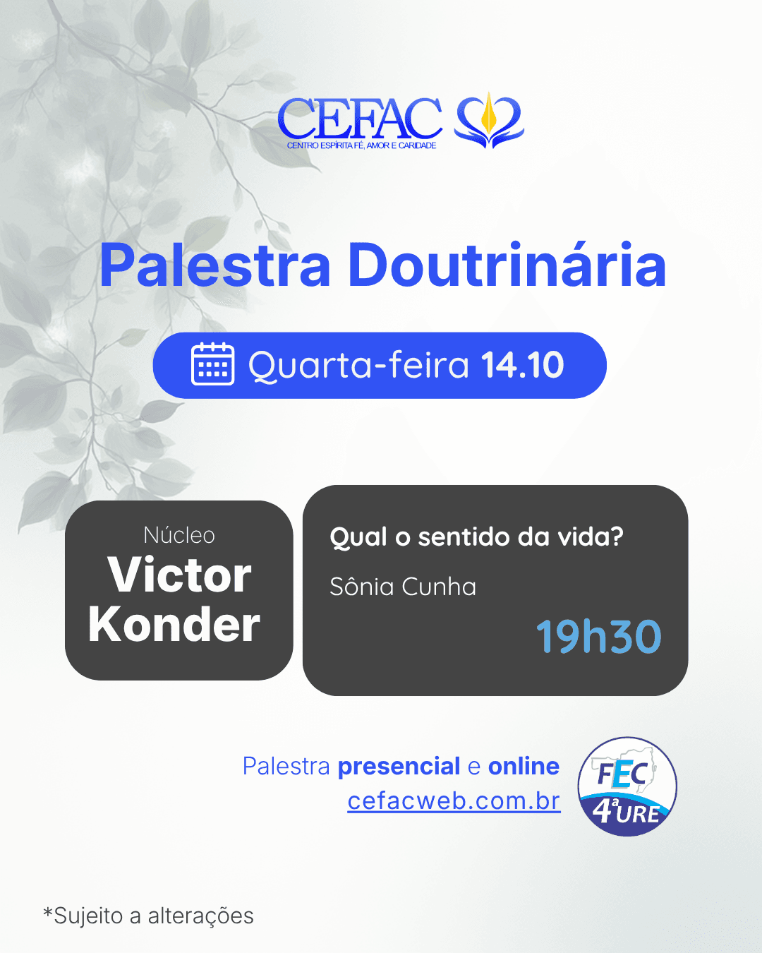 Palestra on-line e presencial, quarta-feira, 14/10/26