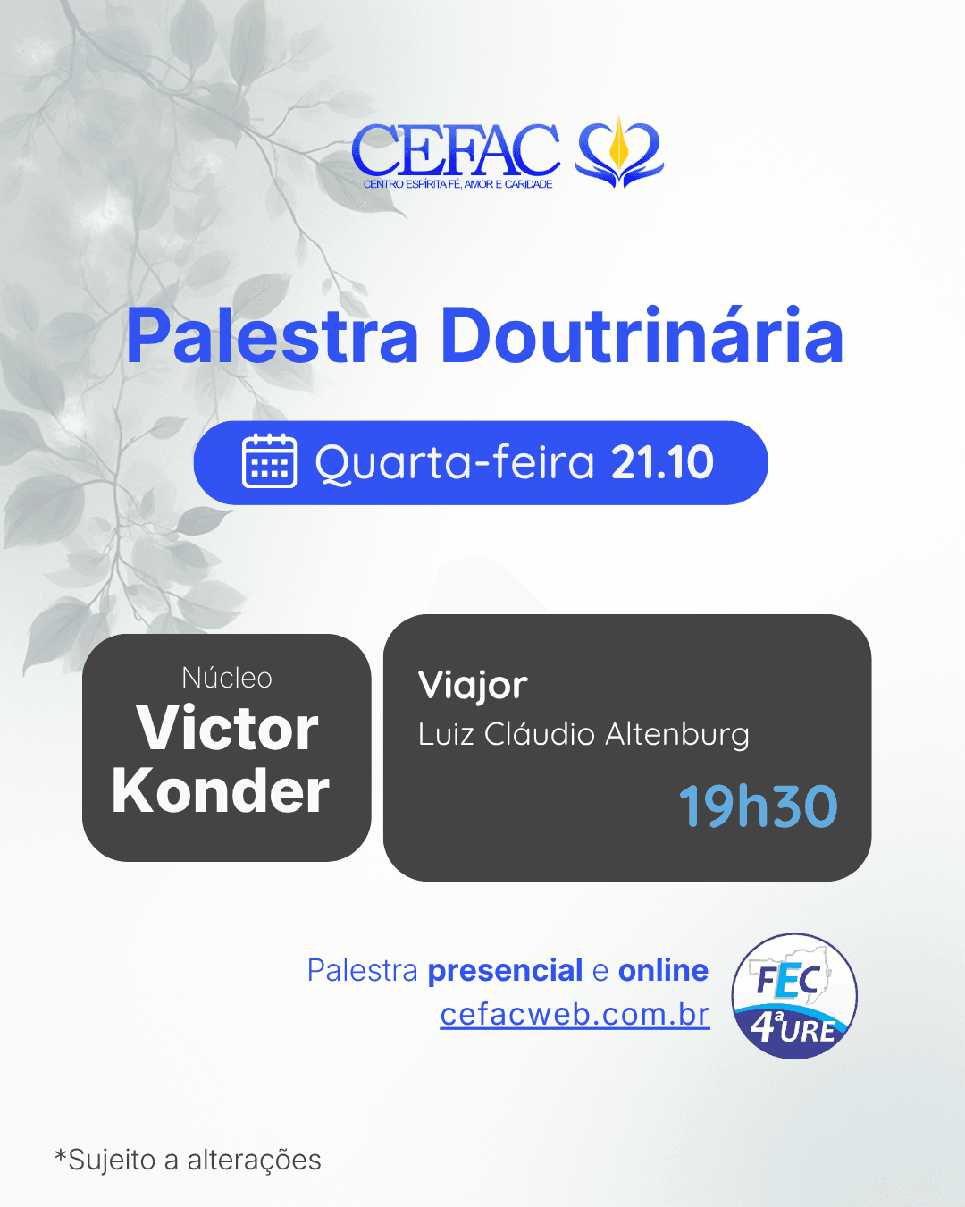 Palestra on-line e presencial, quarta-feira, 21/10/26
