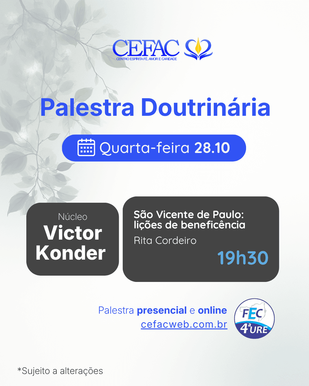 Palestra on-line e presencial, quarta-feira, 28/10/26
